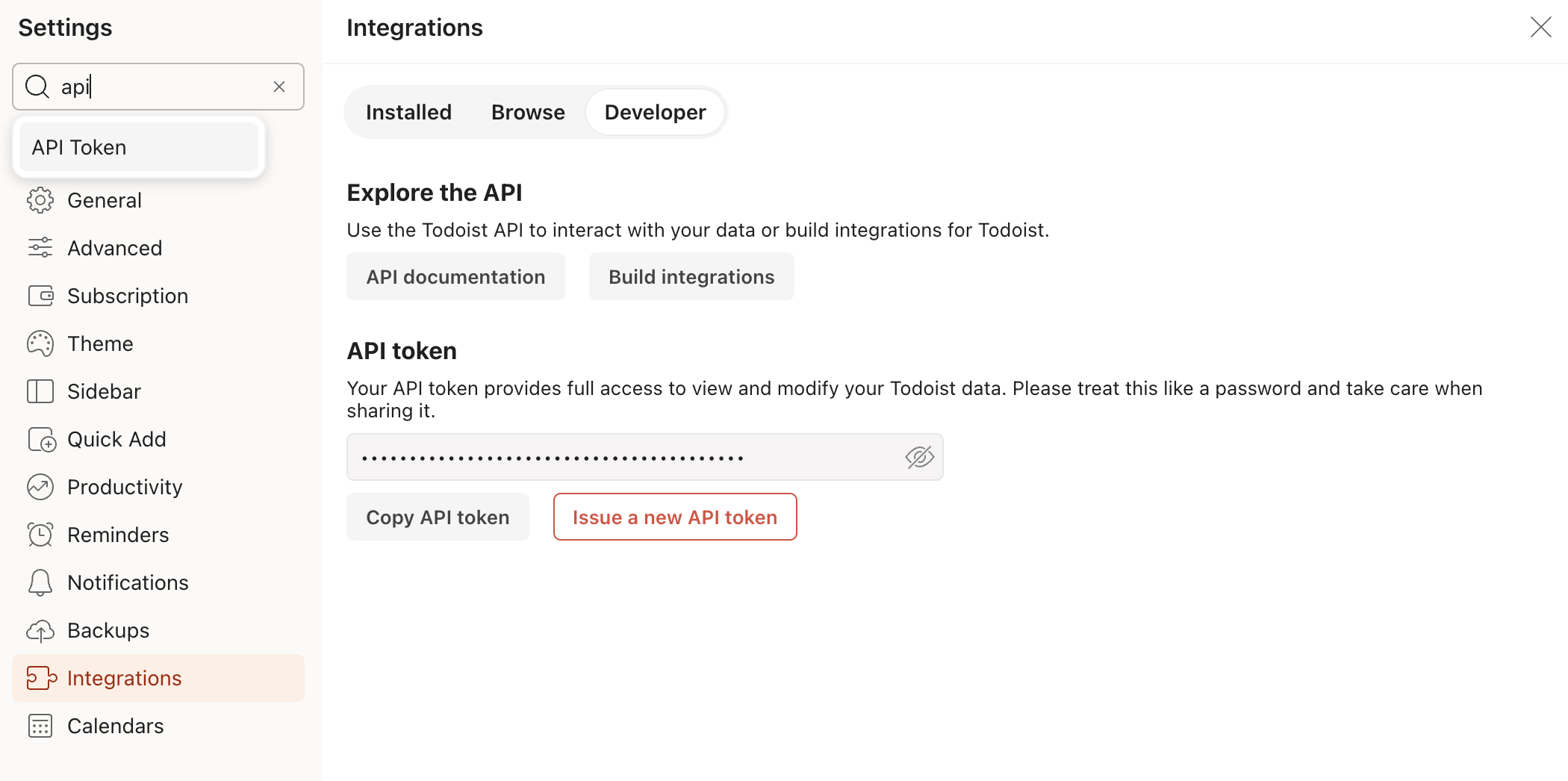 How to find Todoist API token